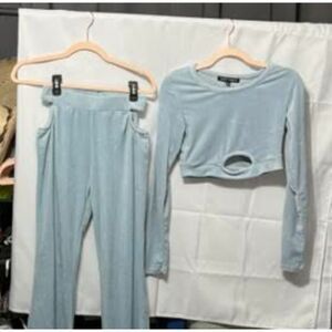 Almost Famous Velour Two Piece Set | Baby Blue Crop Top Flare Pants Y2K Size S
